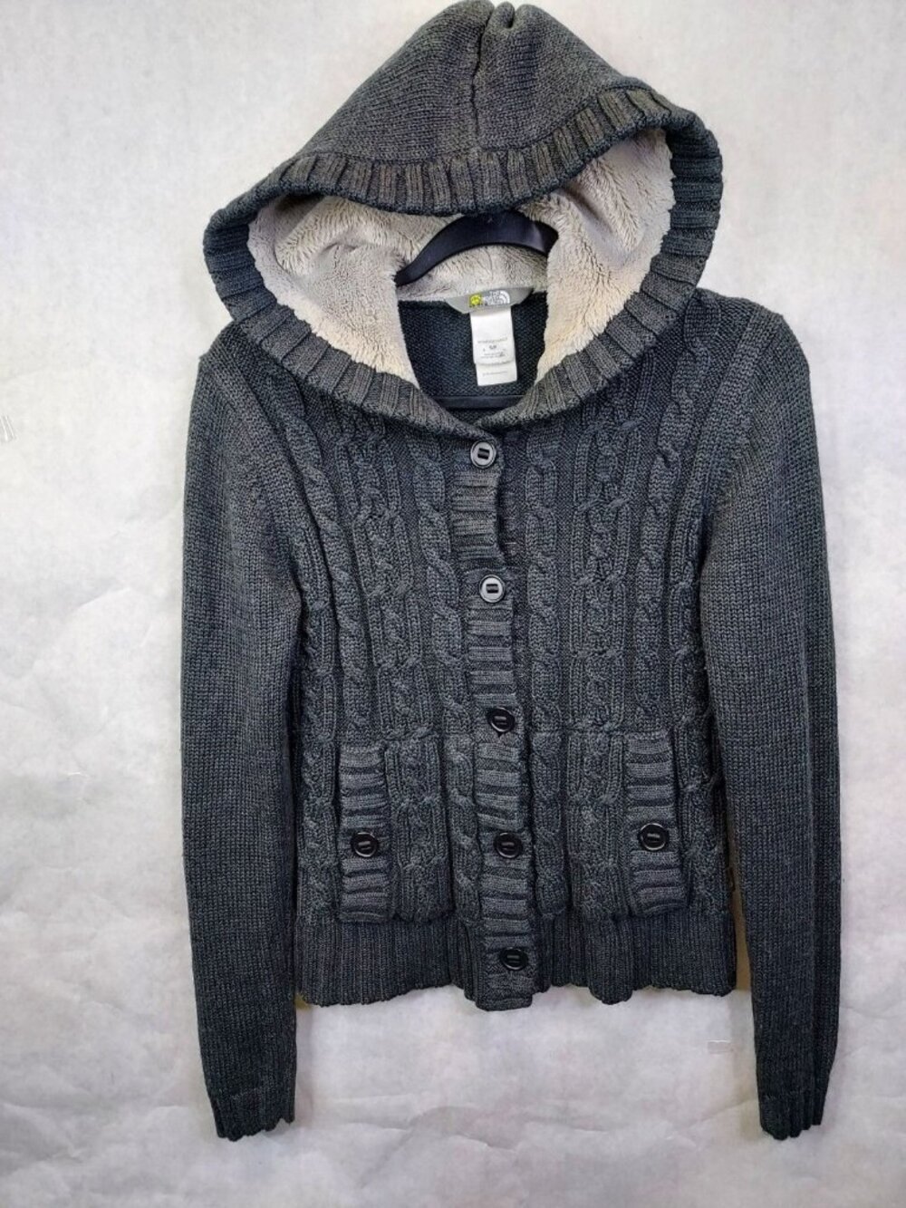 The North Face Sweater Jacket Women's S Wool Button Faux Fur Lined Hood Gorpcore